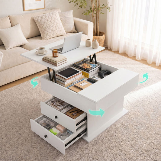Lift Top Coffee Table Centre Table with Rotating Top Hidden Storage White