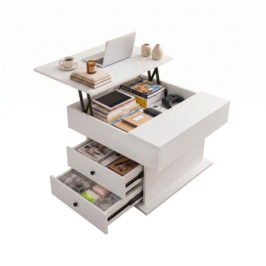 Lift Top Coffee Table Centre Table with Rotating Top Hidden Storage White