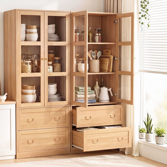 A tall light wood cabinet with glass-front upper doors and multiple drawers, shown open and styled with dishes, jars, and kitchenware in a bright room with a window and potted plants.
