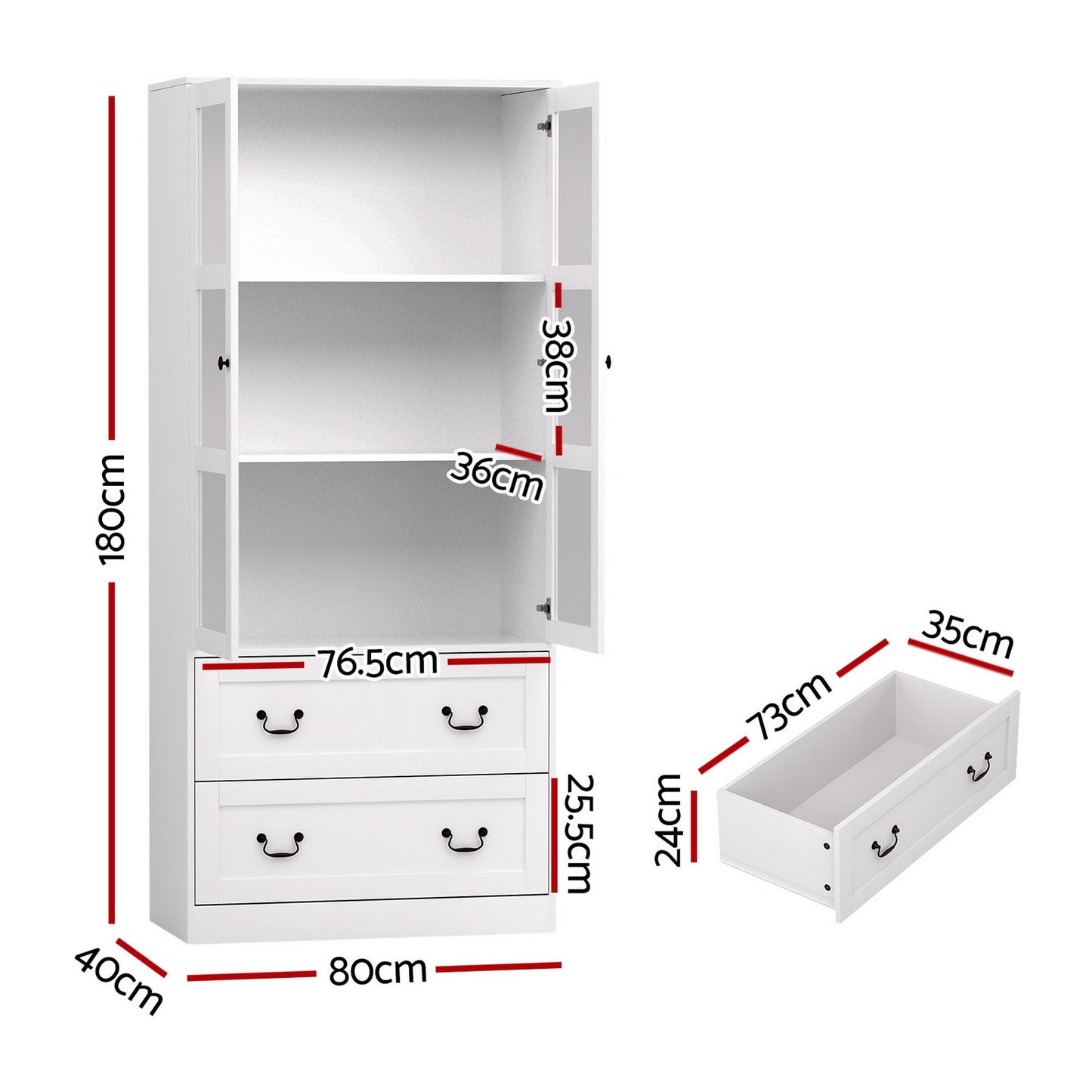 Buffet Sideboard Cabinets X2 180cm Hutch Storage Kitchen Clear Door White