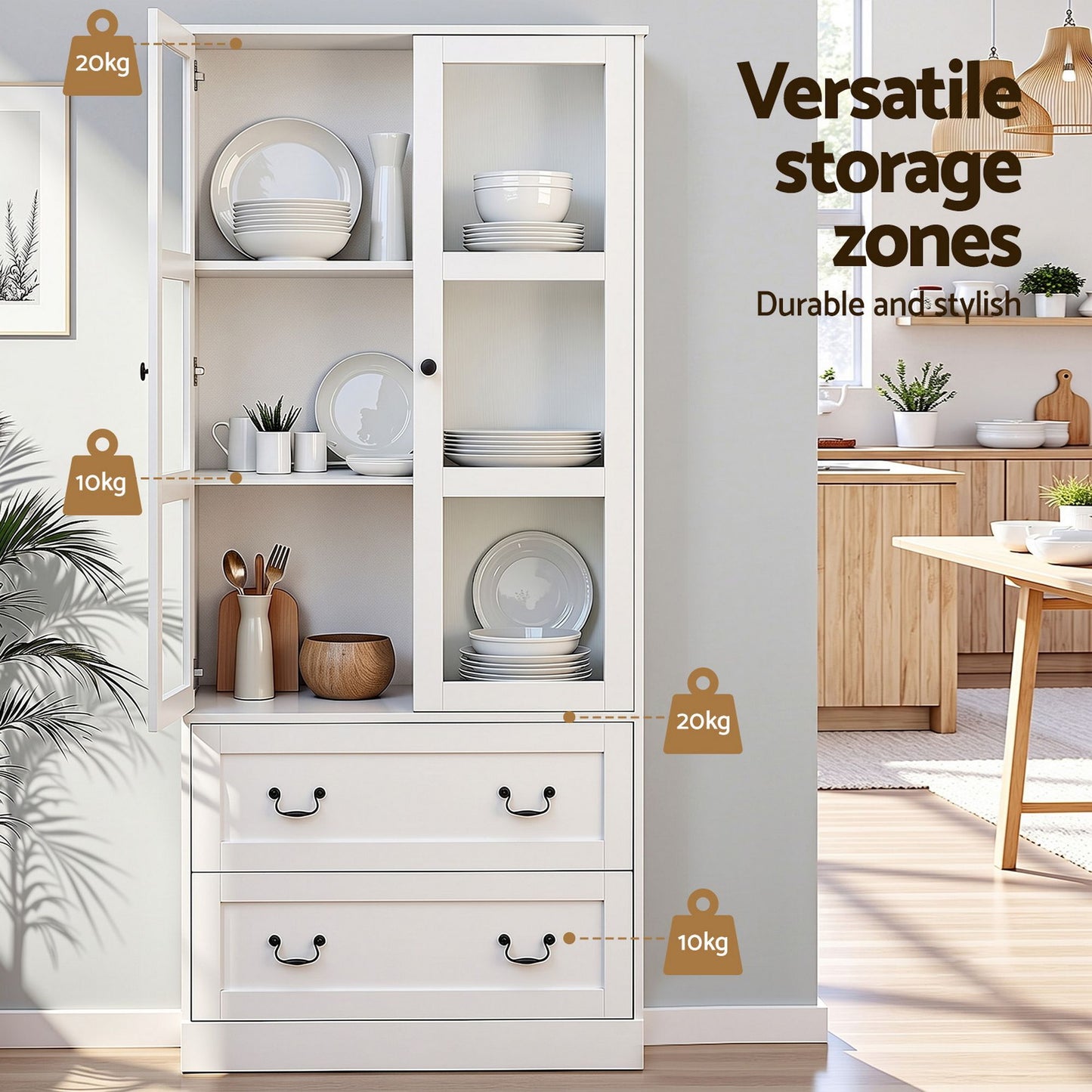Buffet Sideboard Cabinets X2 180cm Hutch Storage Kitchen Clear Door White