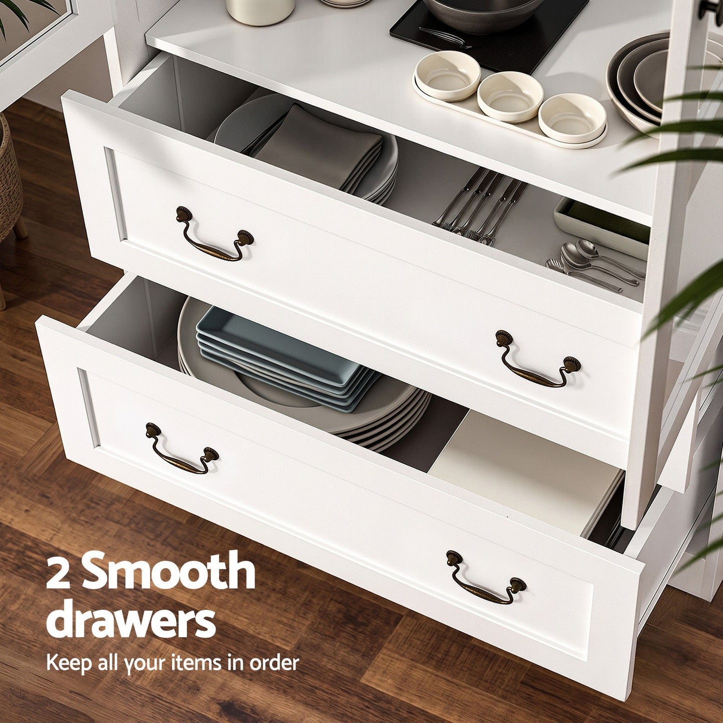 Buffet Sideboard Cabinets X2 180cm Hutch Storage Kitchen Clear Door White