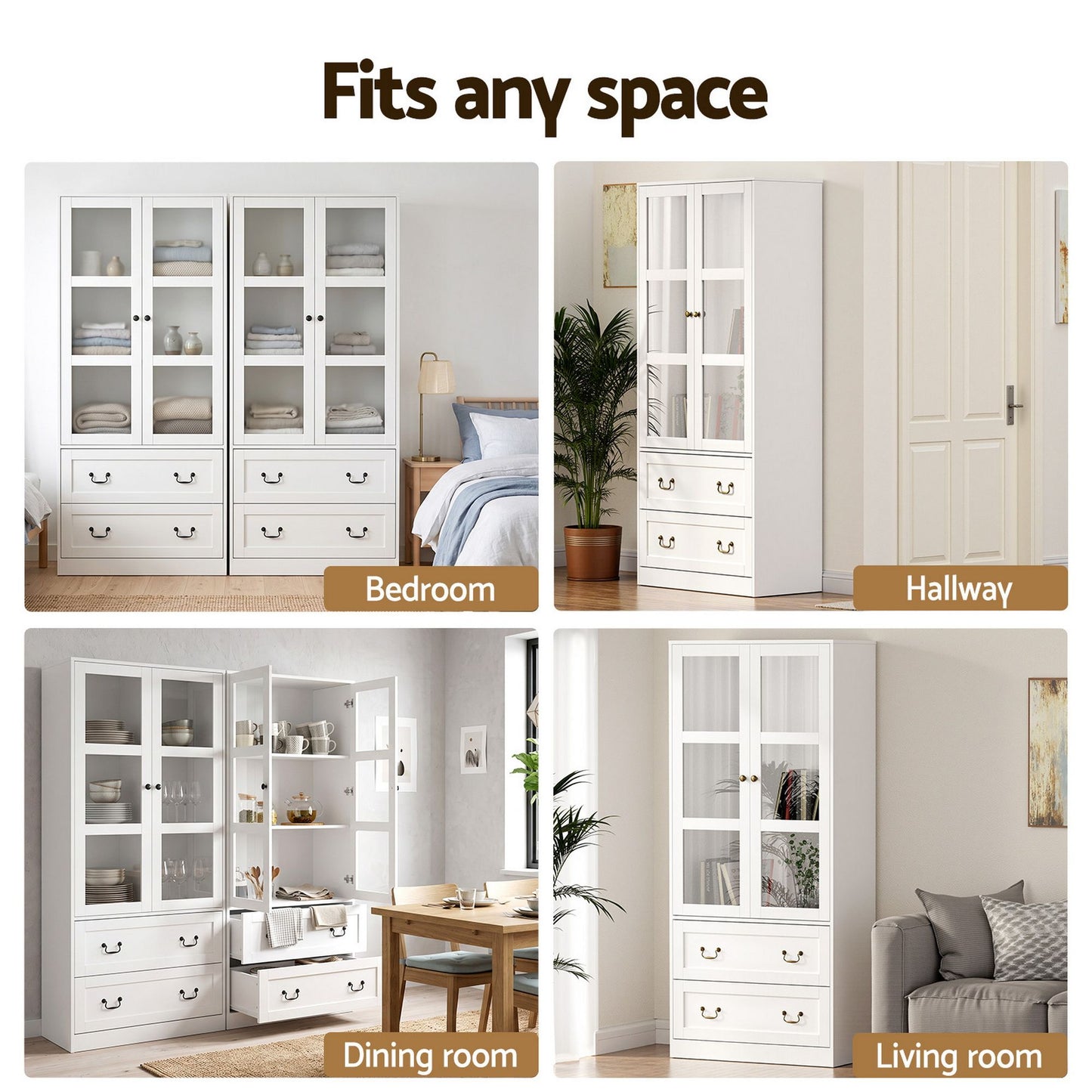 Buffet Sideboard Cabinets X2 180cm Hutch Storage Kitchen Clear Door White