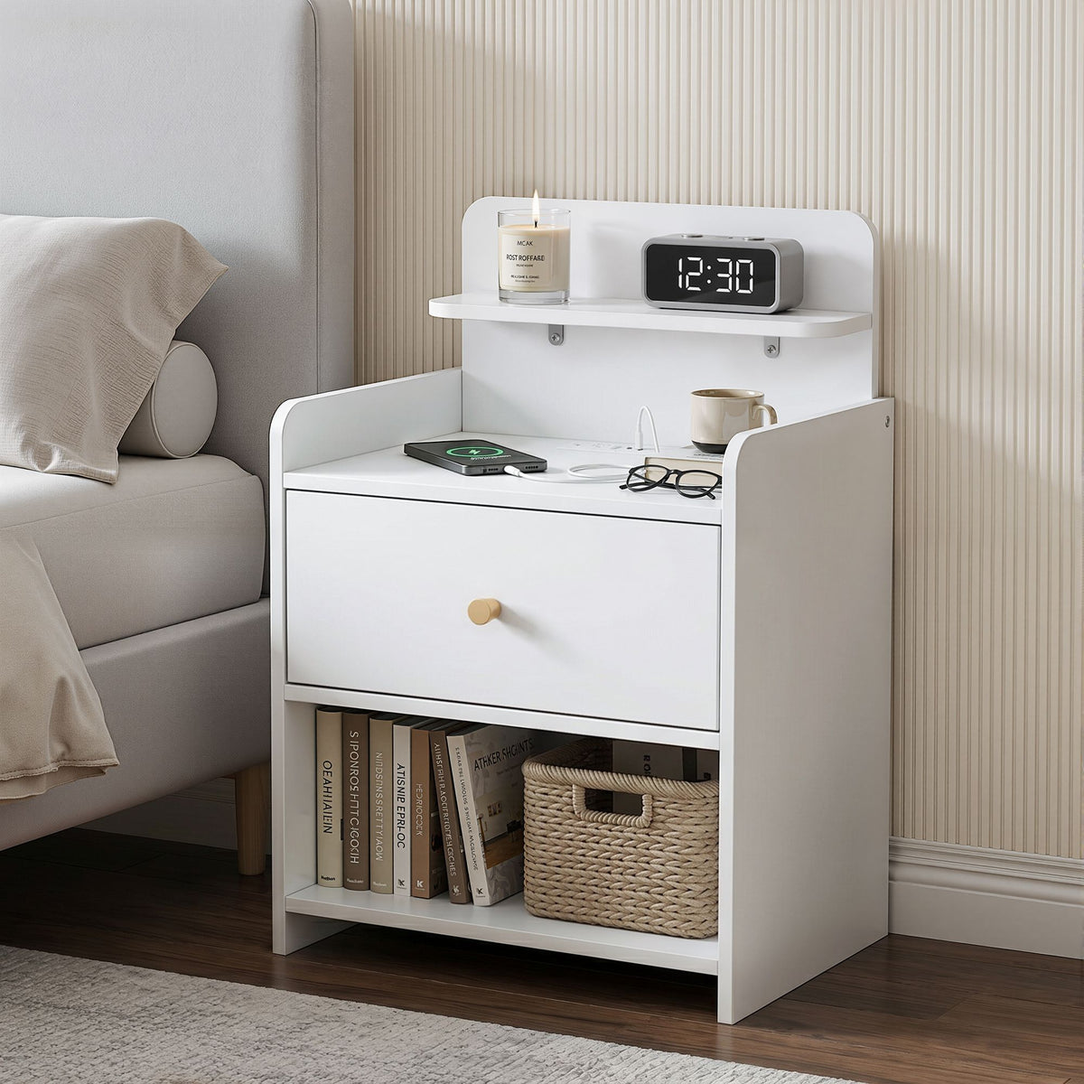 Bedside Table Drawer Charging Station White