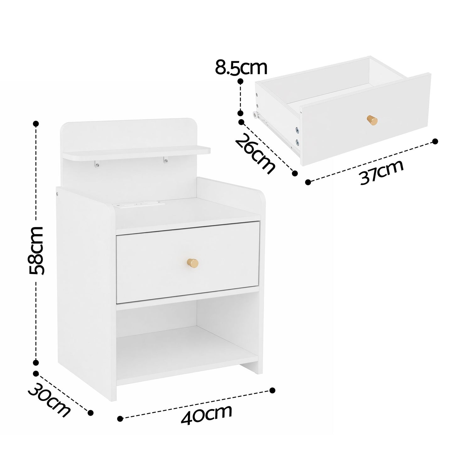 Bedside Table Drawer Charging Station White