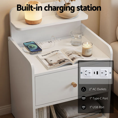 Bedside Table Drawer Charging Station White