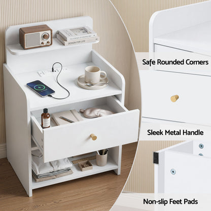 Bedside Table Drawer Charging Station White