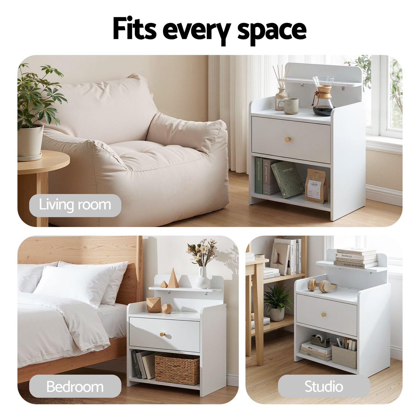 Bedside Table Drawer Charging Station White