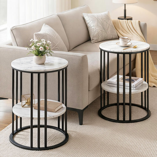 Set of 2 Side Table Coffee Table 2-Tier Round Marble Effect