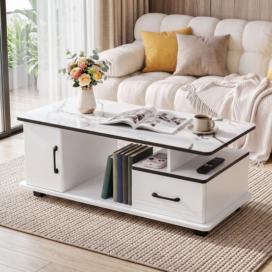 Coffee Table Marble Finish Center Table with Storage Drawer Cabinet Wood White
