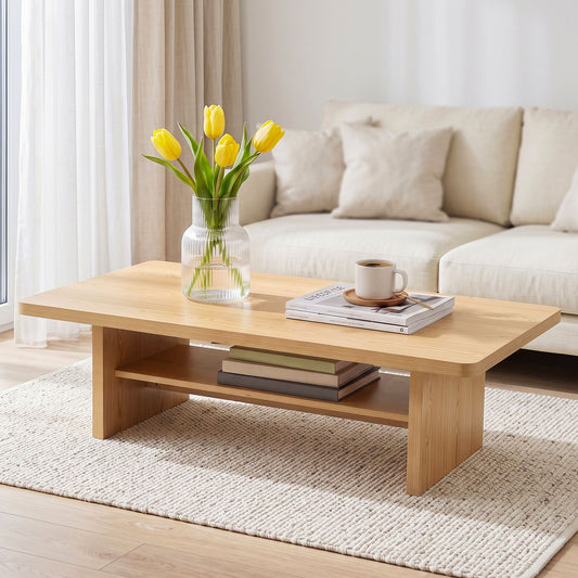 Coffee Table 110cm Center Table with 2-Tier Open Storage Shelf Wood