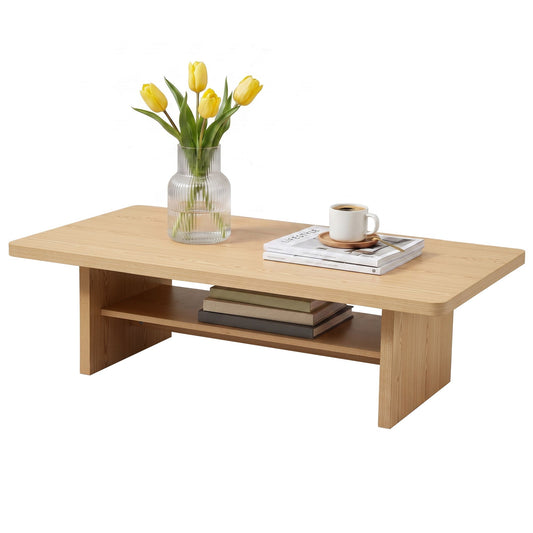 Coffee Table 110cm Center Table with 2-Tier Open Storage Shelf Wood