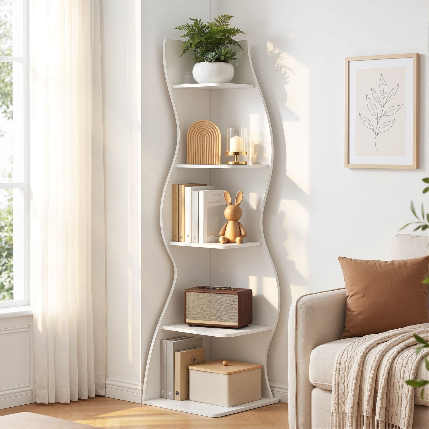 5-Tier Bookshelf Corner Shelf S-shaped Storage Rack White