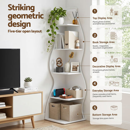 5-Tier Bookshelf Corner Shelf S-shaped Storage Rack White