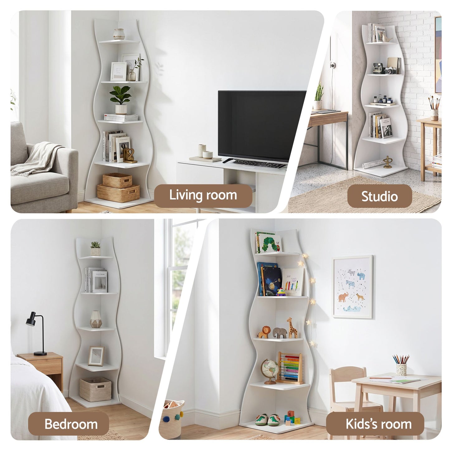 5-Tier Bookshelf Corner Shelf S-shaped Storage Rack White