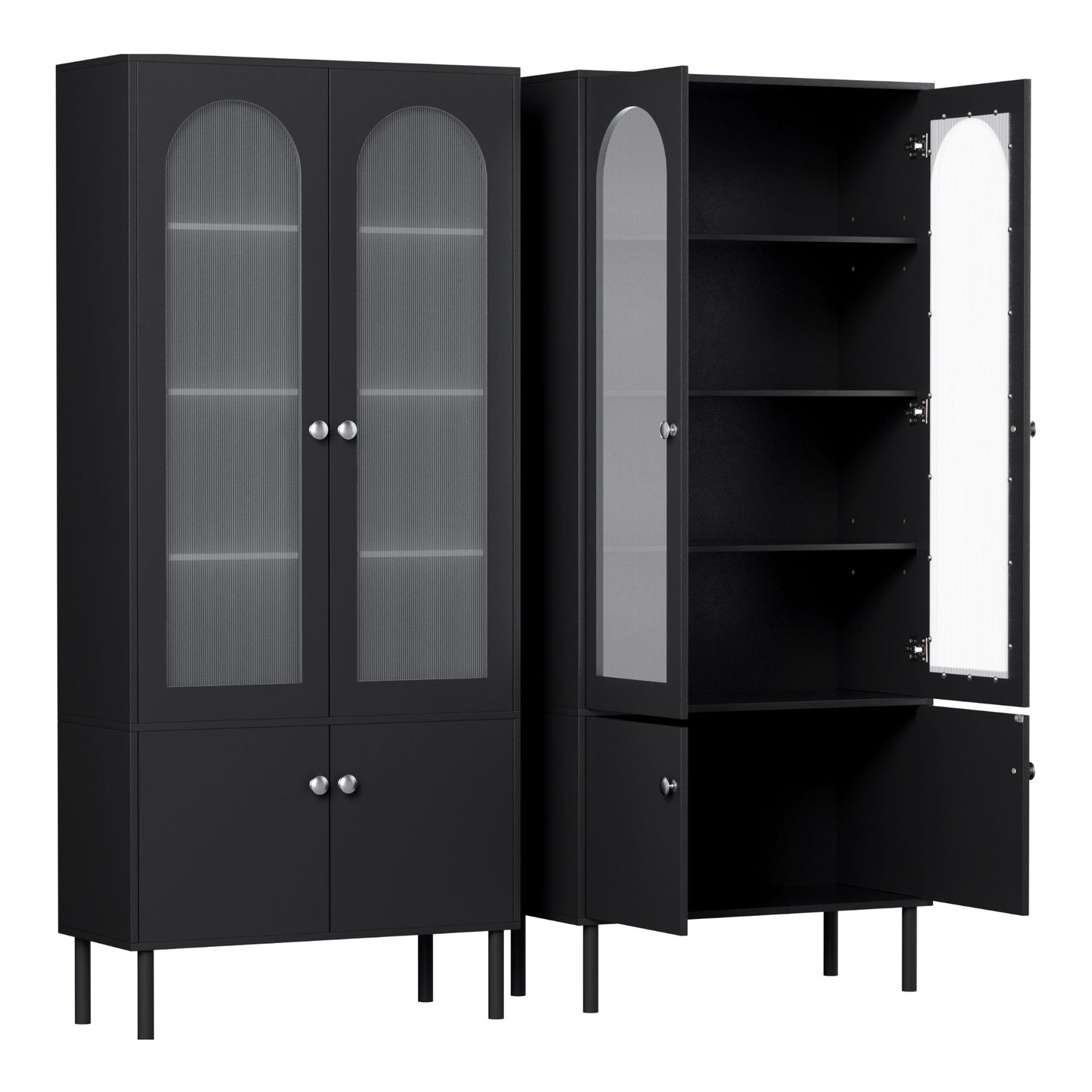 2x Buffet Sideboard Cabinet Pantry 5-Tier Storage Cupboard Fluted Black