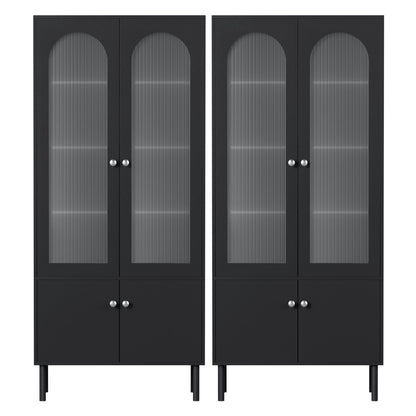2x Buffet Sideboard Cabinet Pantry 5-Tier Storage Cupboard Fluted Black