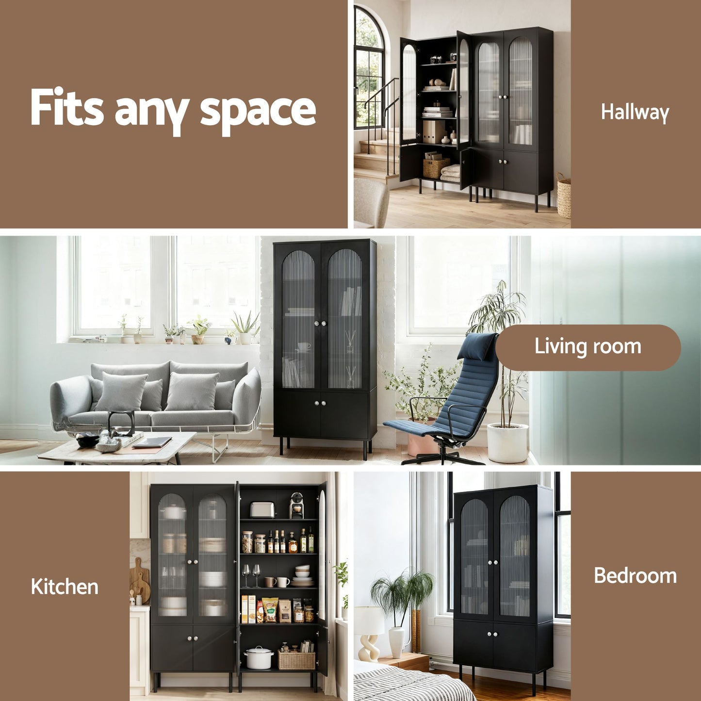 2x Buffet Sideboard Cabinet Pantry 5-Tier Storage Cupboard Fluted Black