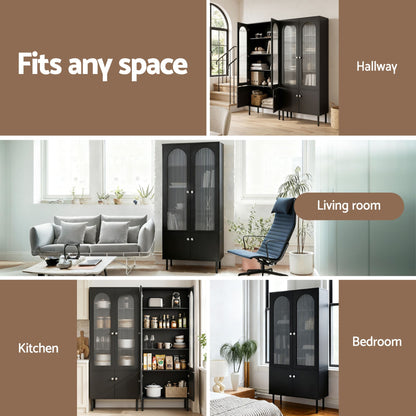2x Buffet Sideboard Cabinet Pantry 5-Tier Storage Cupboard Fluted Black
