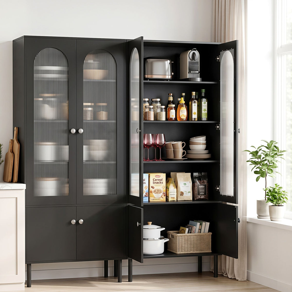 Black 2x buffet sideboard cabinet pantry 5-tier storage cupboard fluted Black 80cm x 35cm x 180cm - home storage cabinet Australia