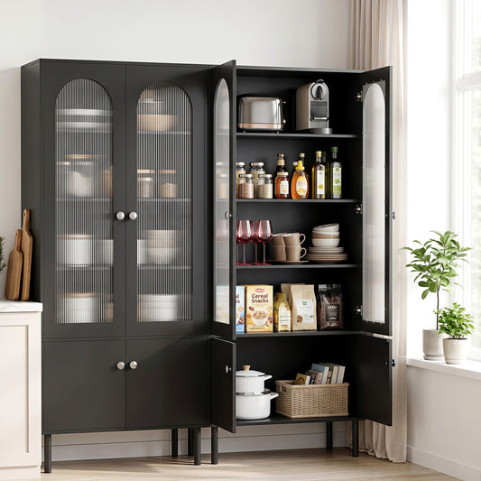 2x Buffet Sideboard Cabinet Pantry 5-Tier Storage Cupboard Fluted Black