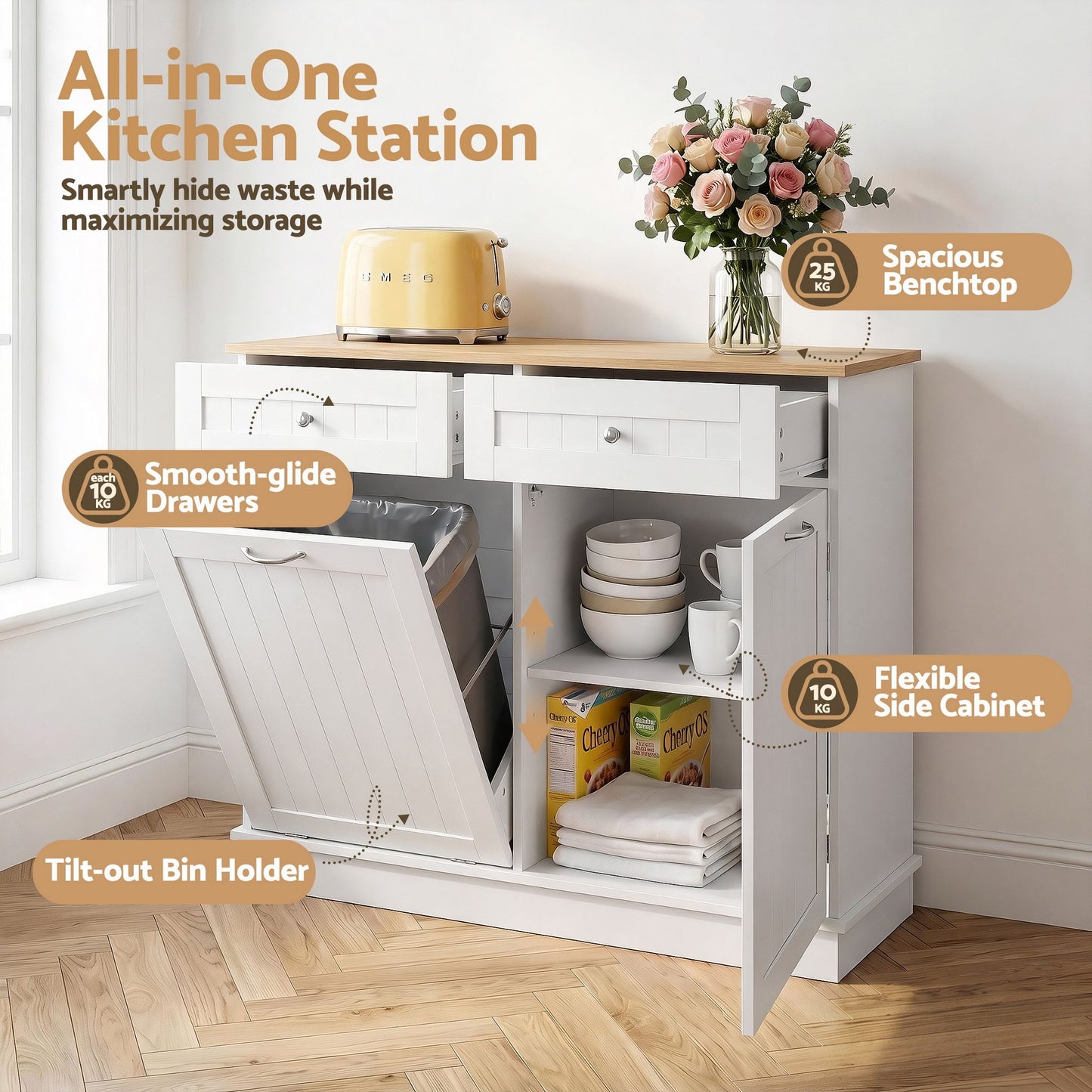 Buffet Sideboard Cabinet Kitchen Tilt Out Bin Holder Storage Cupboard