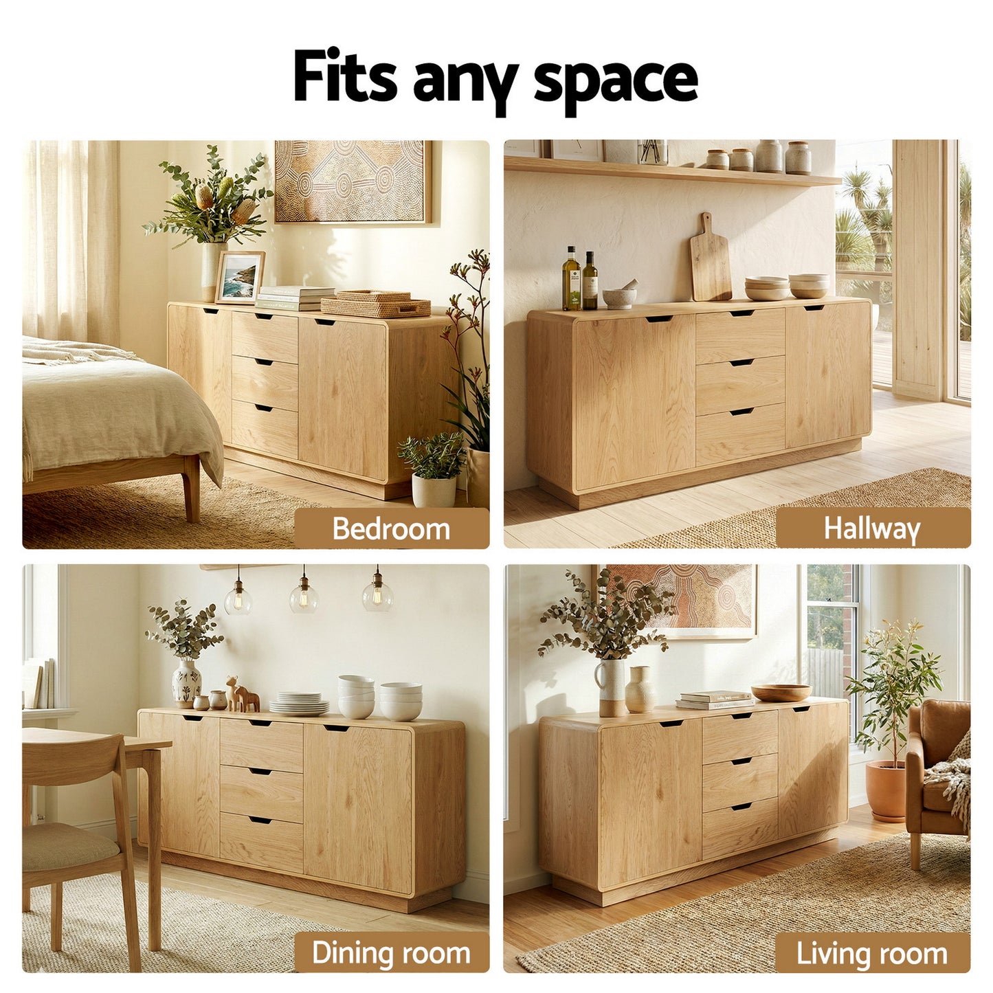 Buffet Sideboard Cabinet Storage Kitchen Cupboard Drawers Round Edge Oak