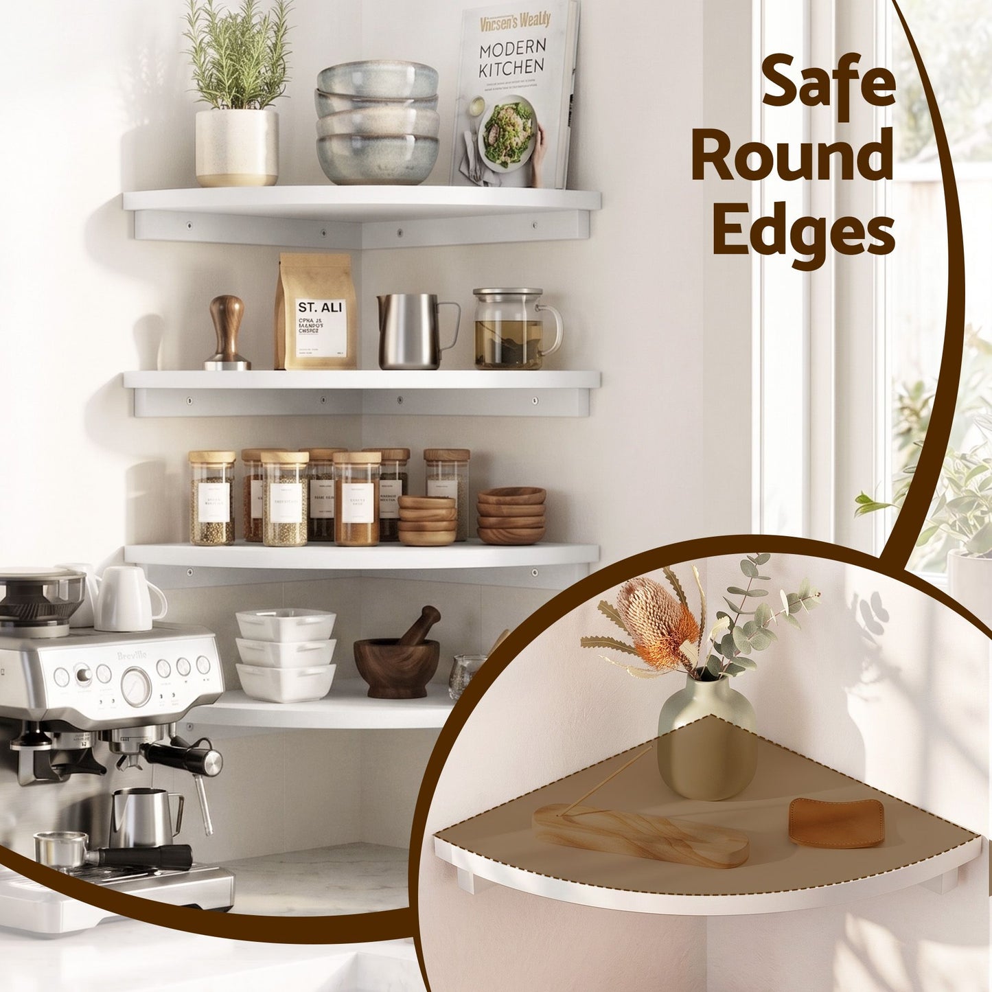 4pc Corner Floating Wall Shelf Wall Mounted Display Rack Round Edge White