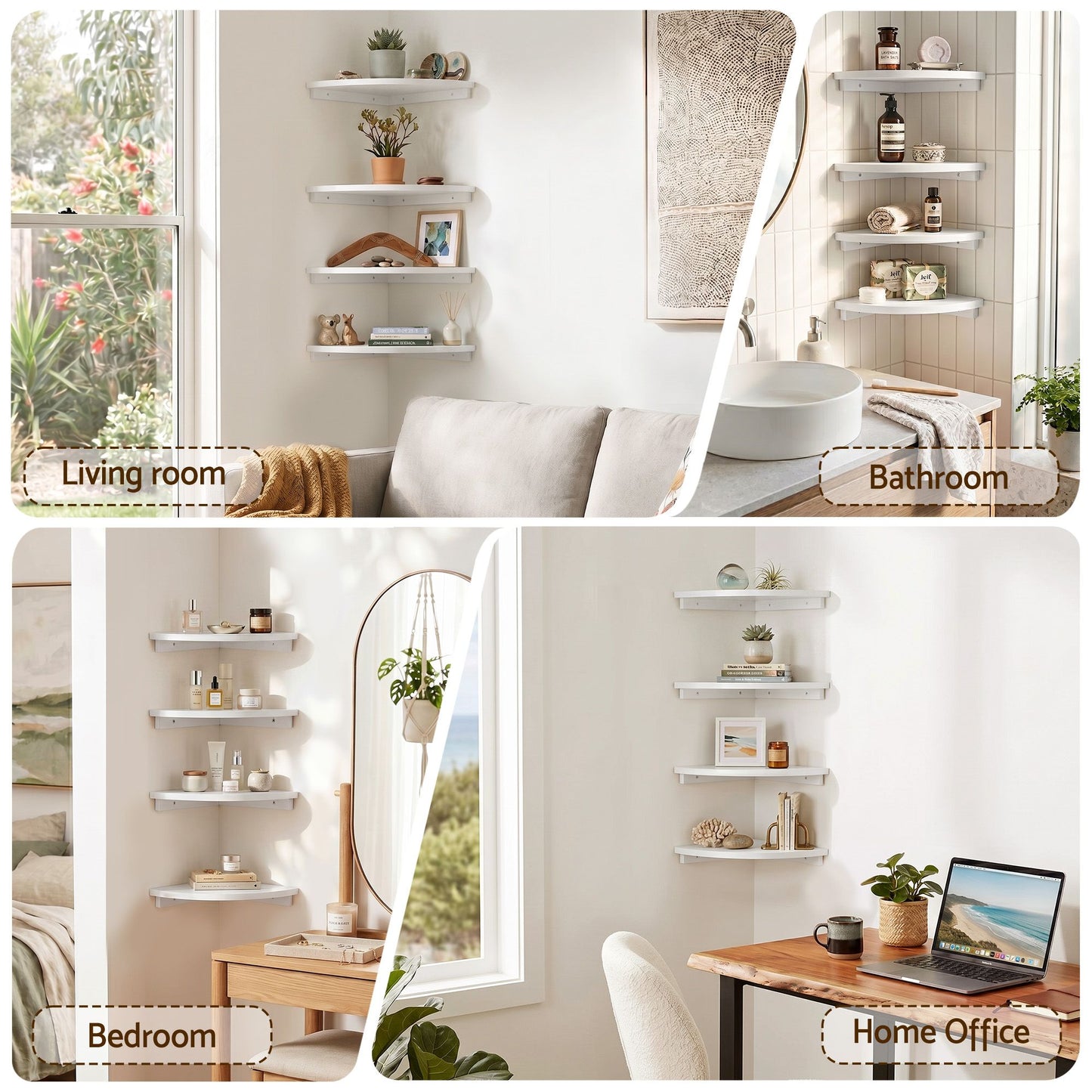 4pc Corner Floating Wall Shelf Wall Mounted Display Rack Round Edge White