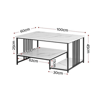 Artiss Coffee Table 100cm Faux Marble Finish Center Table 2-Tier Storage White&Black