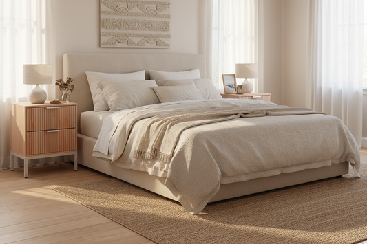 Wooden bedside tables with two drawers, on both sides of a bed with neutral manchester, floor rug, wall art and decor on side tables including table lamps, soft daylight with curtains covered windows