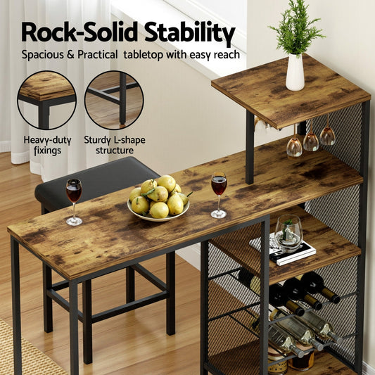 Industrial Bar Table with Wine Rack & Cup Holders 122cm - Walnut
