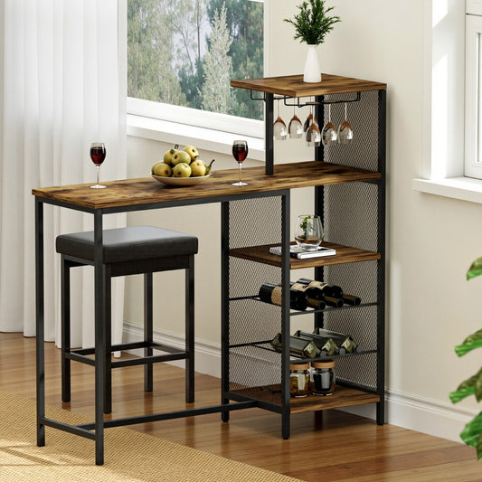 Industrial Bar Table with Wine Rack & Cup Holders 122cm - Walnut
