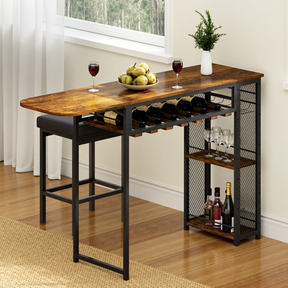 Wooden bar table with wine rack and bottles in a home setting