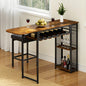 Wooden bar table with wine rack and bottles in a home setting