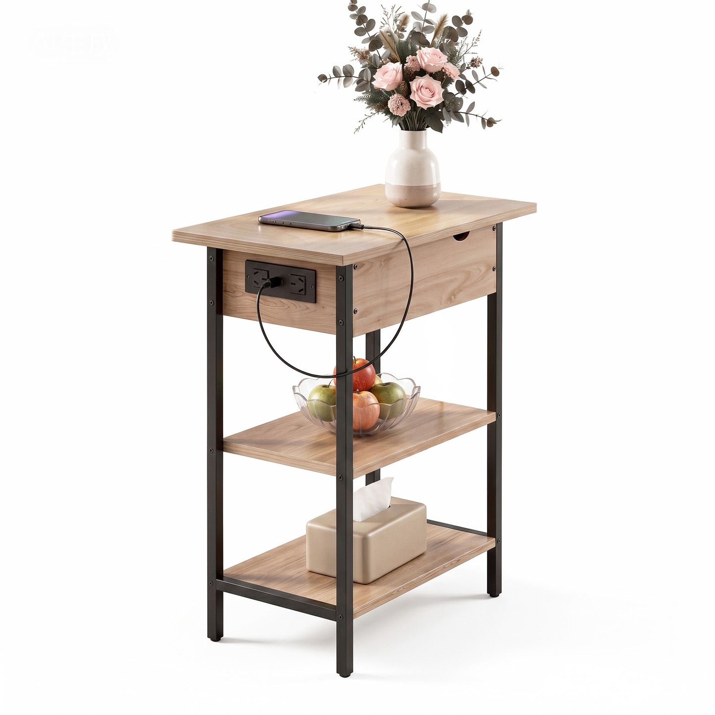 Coffee Table Side Bedside End Table Charging Station Flip-Top Storage 60cm Wood
