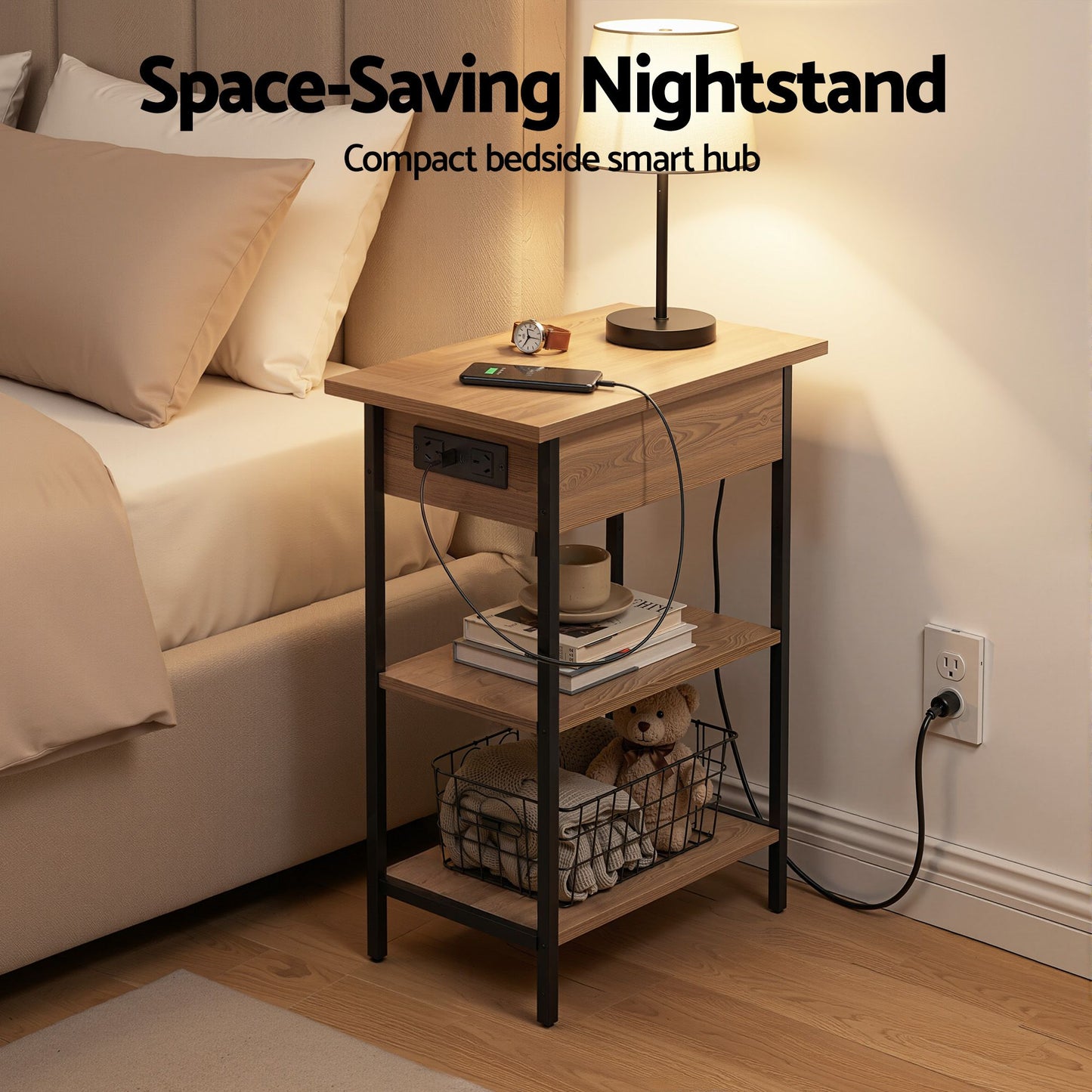 Coffee Table Side Bedside End Table Charging Station Flip-Top Storage 60cm Wood