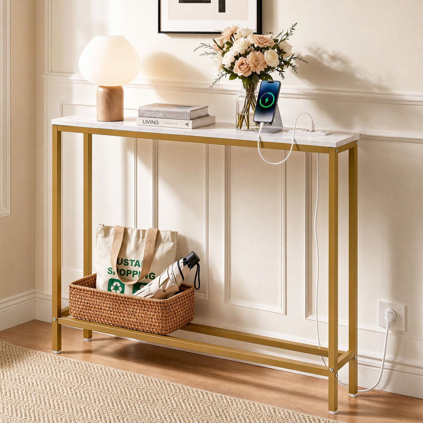 Console Table Entryway Hallway Display Desk Charging Station Marble Finish White & Gold