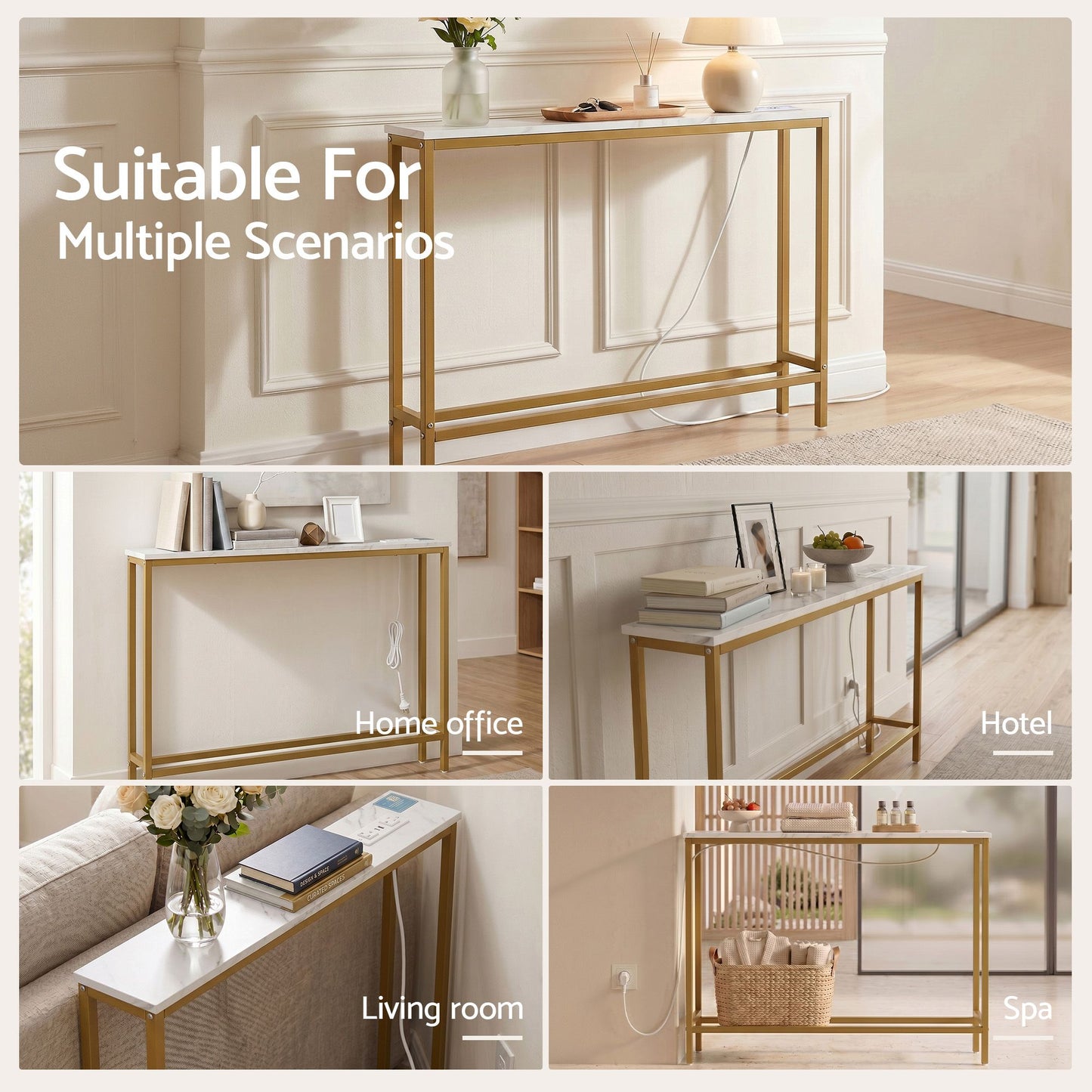Console Table Entryway Hallway Display Desk Charging Station Marble Finish White & Gold