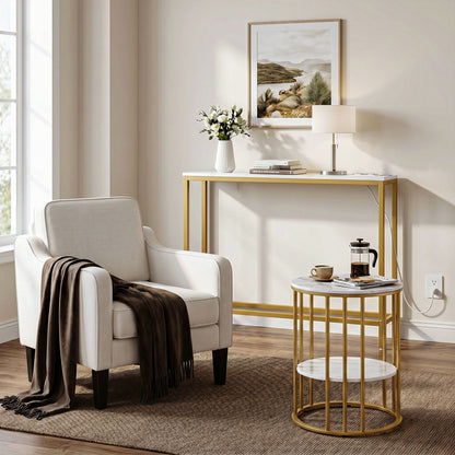 Console Table Entryway Hallway Display Desk Charging Station Marble Finish White & Gold