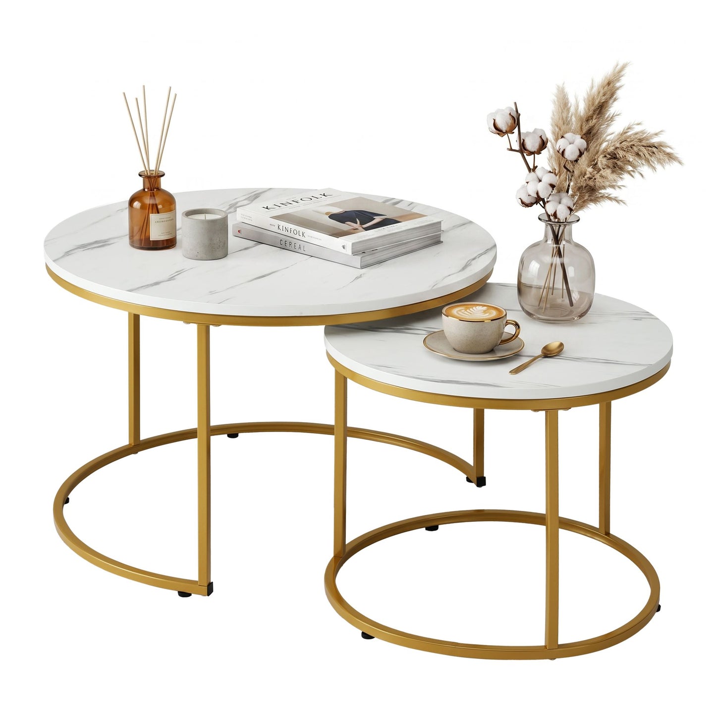 Nesting Coffee Table Set of 2 Round Marble Effect 70/50cm White & Gold