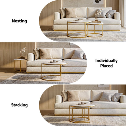 Nesting Coffee Table Set of 2 Round Marble Effect 70/50cm White & Gold