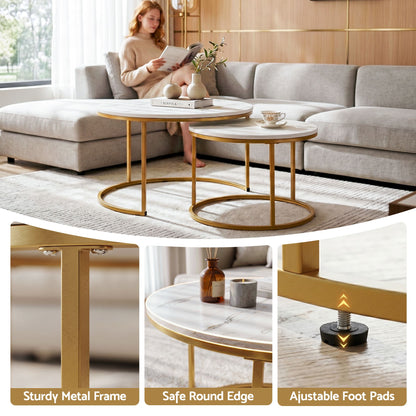 Nesting Coffee Table Set of 2 Round Marble Effect 70/50cm White & Gold