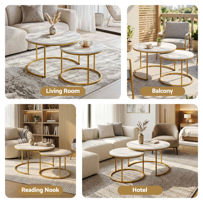 Nesting Coffee Table Set of 2 Round Marble Effect 70/50cm White & Gold