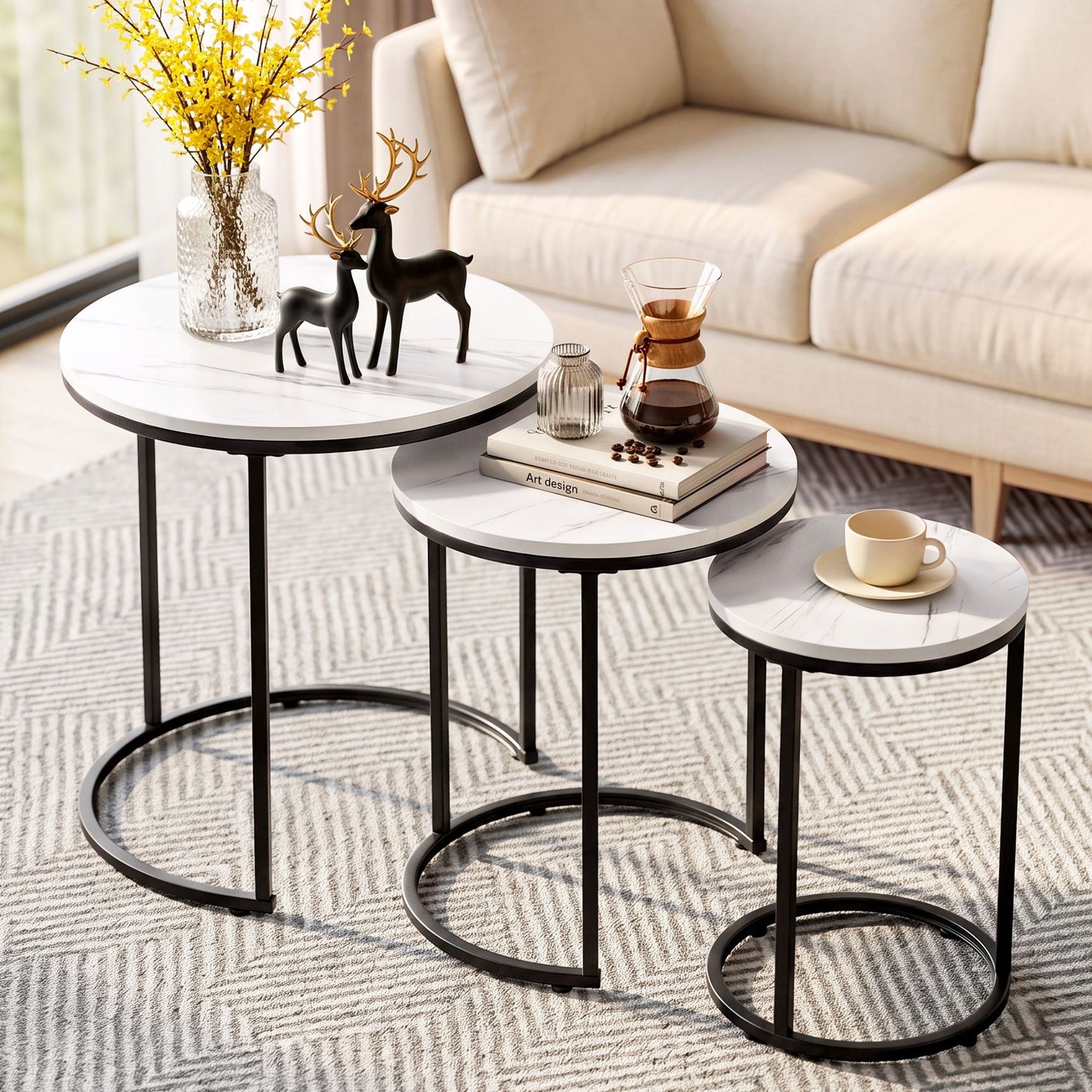 Artiss Nesting Coffee Table Set of 3 Round Stackable Side End Tables Marble Finish White