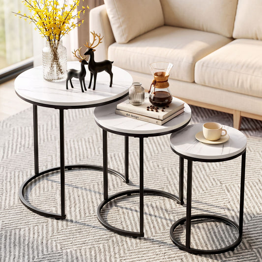 Nesting Coffee Table Set of 3 Round Stackable Side End Tables Marble Finish White