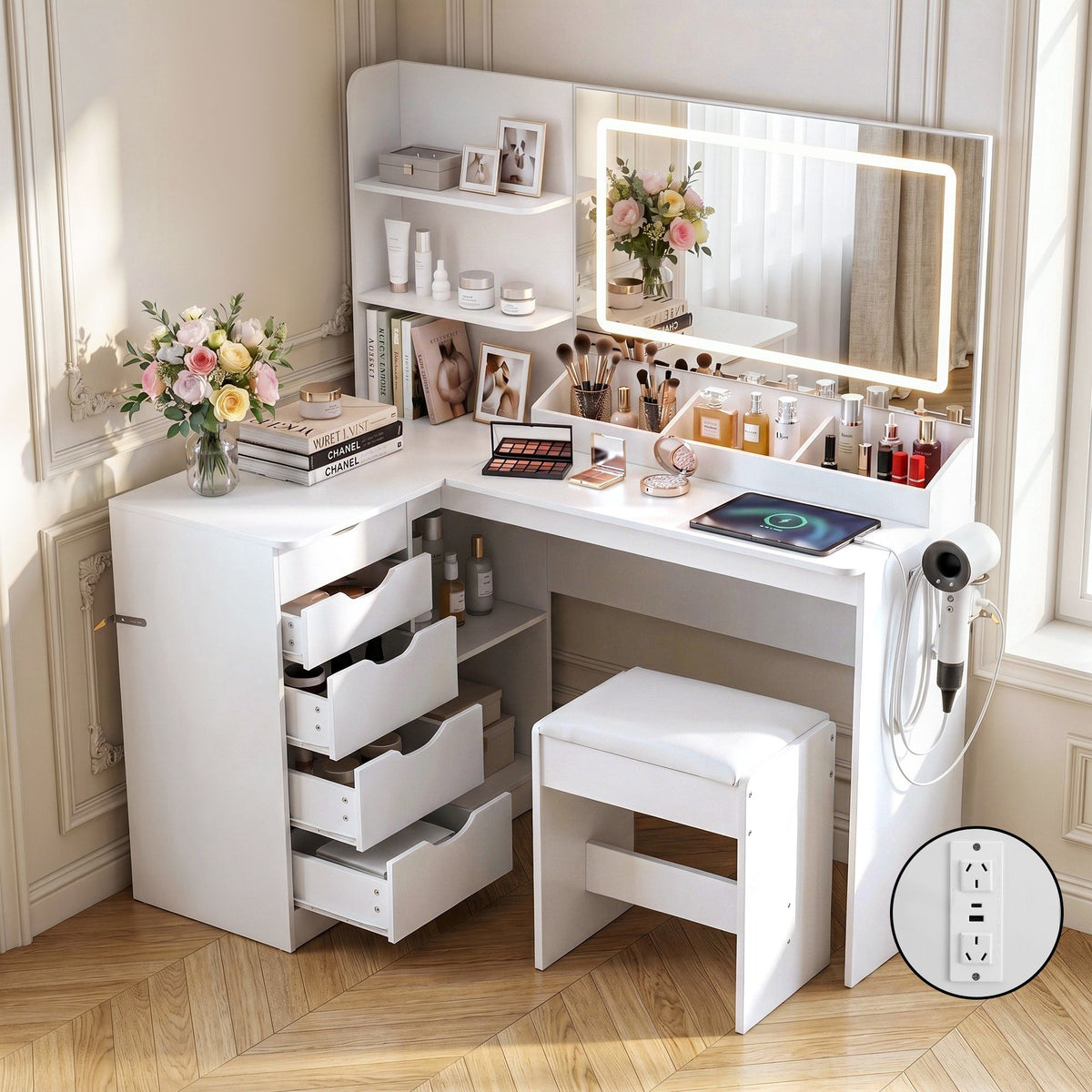 Dressing Table Corner Vanity Desk Set Stool LED Charging Station White