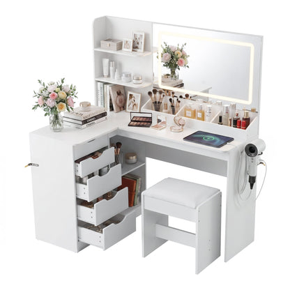 Dressing Table Corner Vanity Desk Set Stool LED Charging Station White