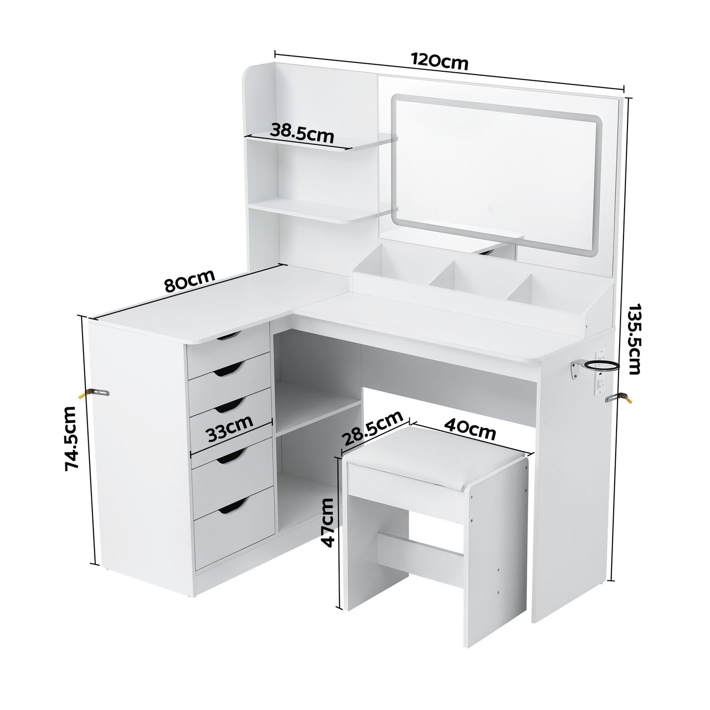 Dressing Table Corner Vanity Desk Set Stool LED Charging Station White