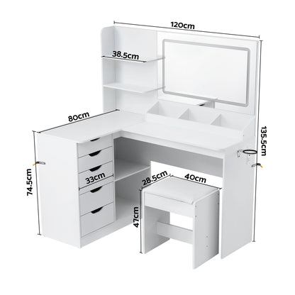 Dressing Table Corner Vanity Desk Set Stool LED Charging Station White